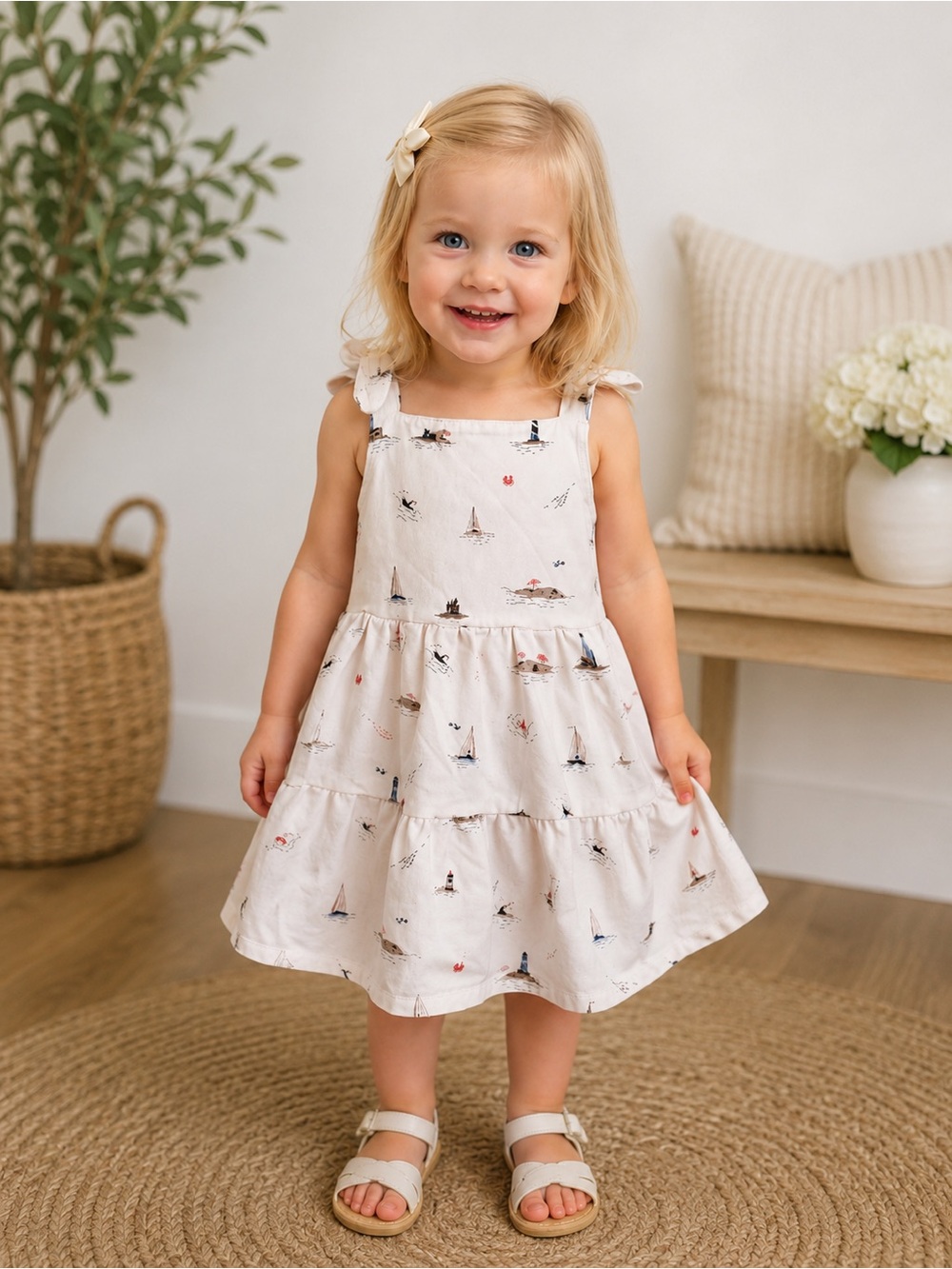 Girls White Nautical Tiered Sundress